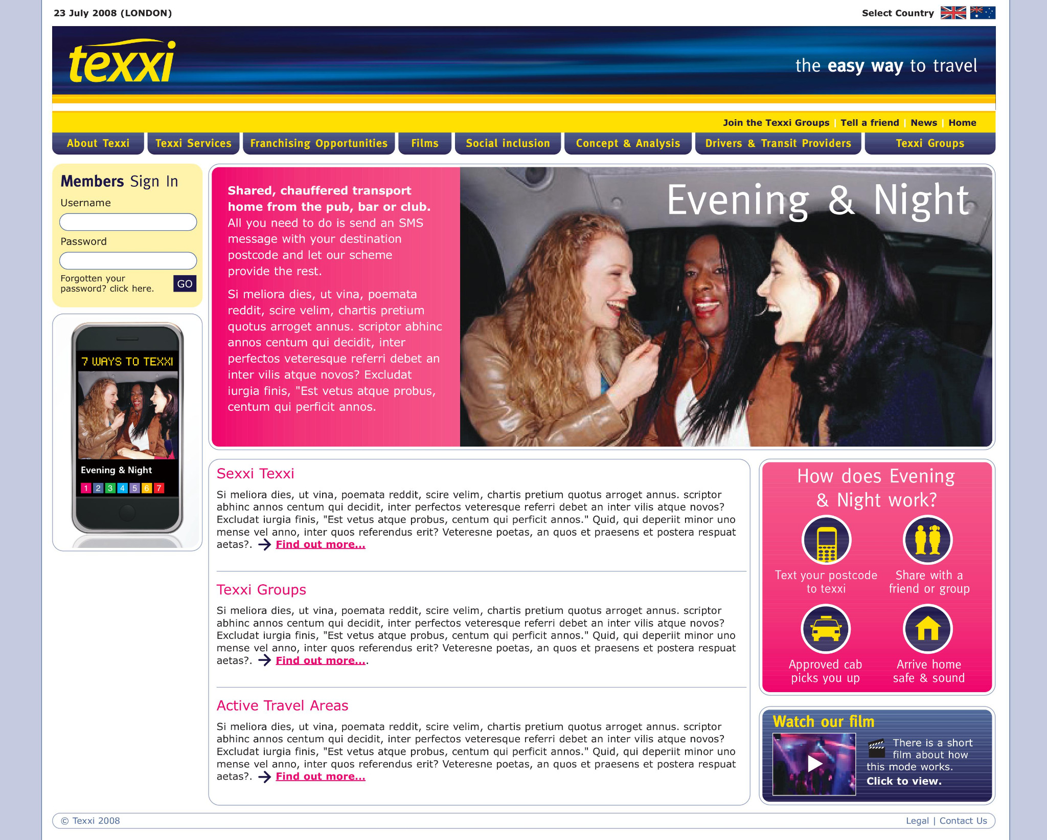 Original Texxi Evening and Night webpage